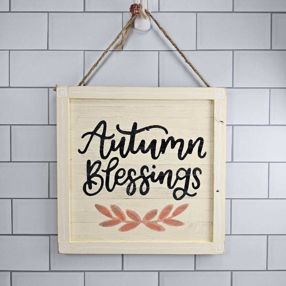 Autumn Blessings 9" wooden sign. embossing and hang tie with beads